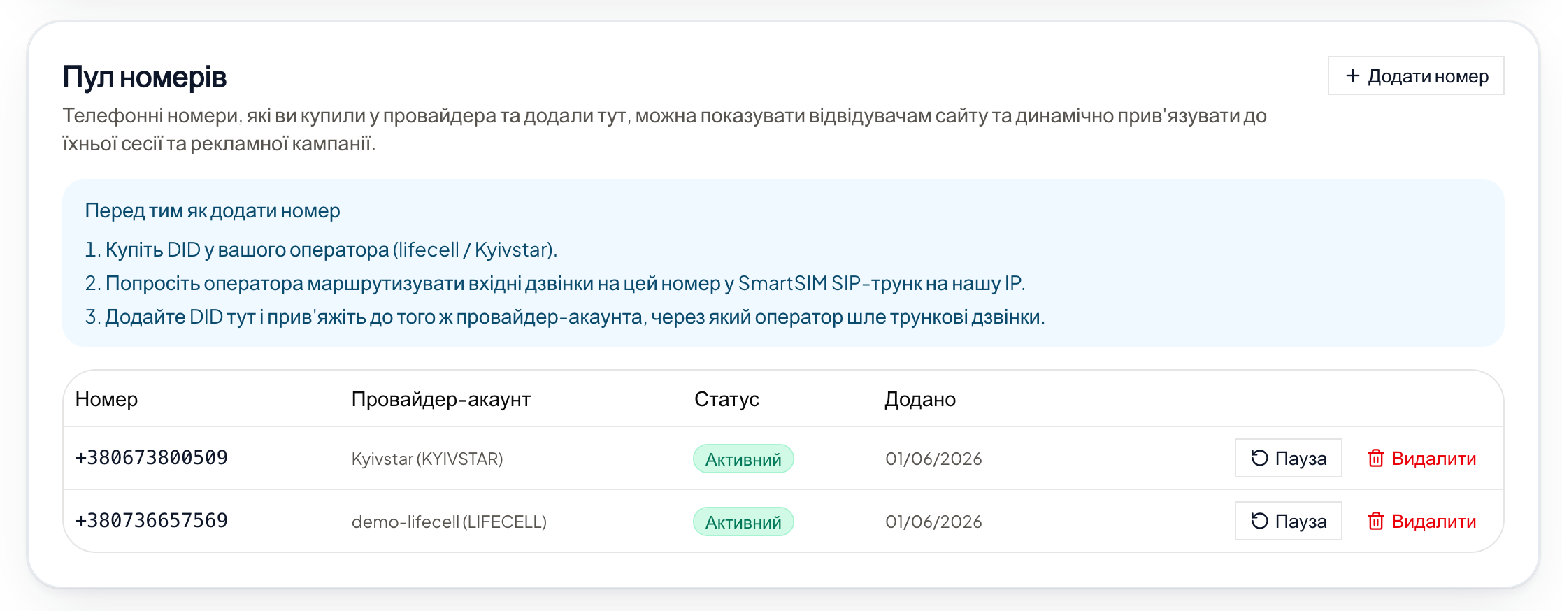 Пул номерів для Call Tracking